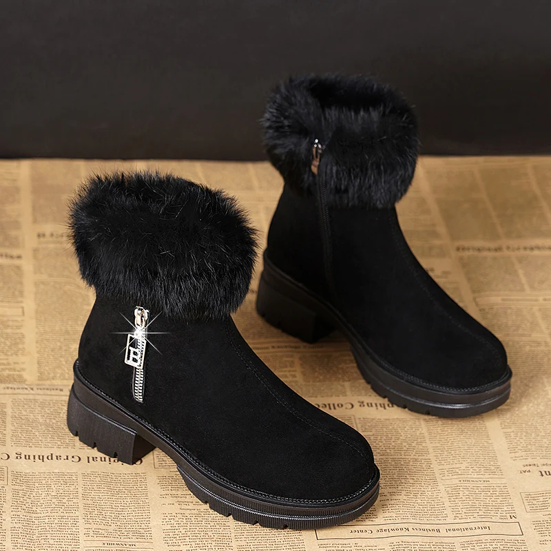Winter Warm Snow Boots Pump Women's Side Zipper Faux Suede Platform High Heels Ankle Boots Women High Top Round Toe Botas Mujer