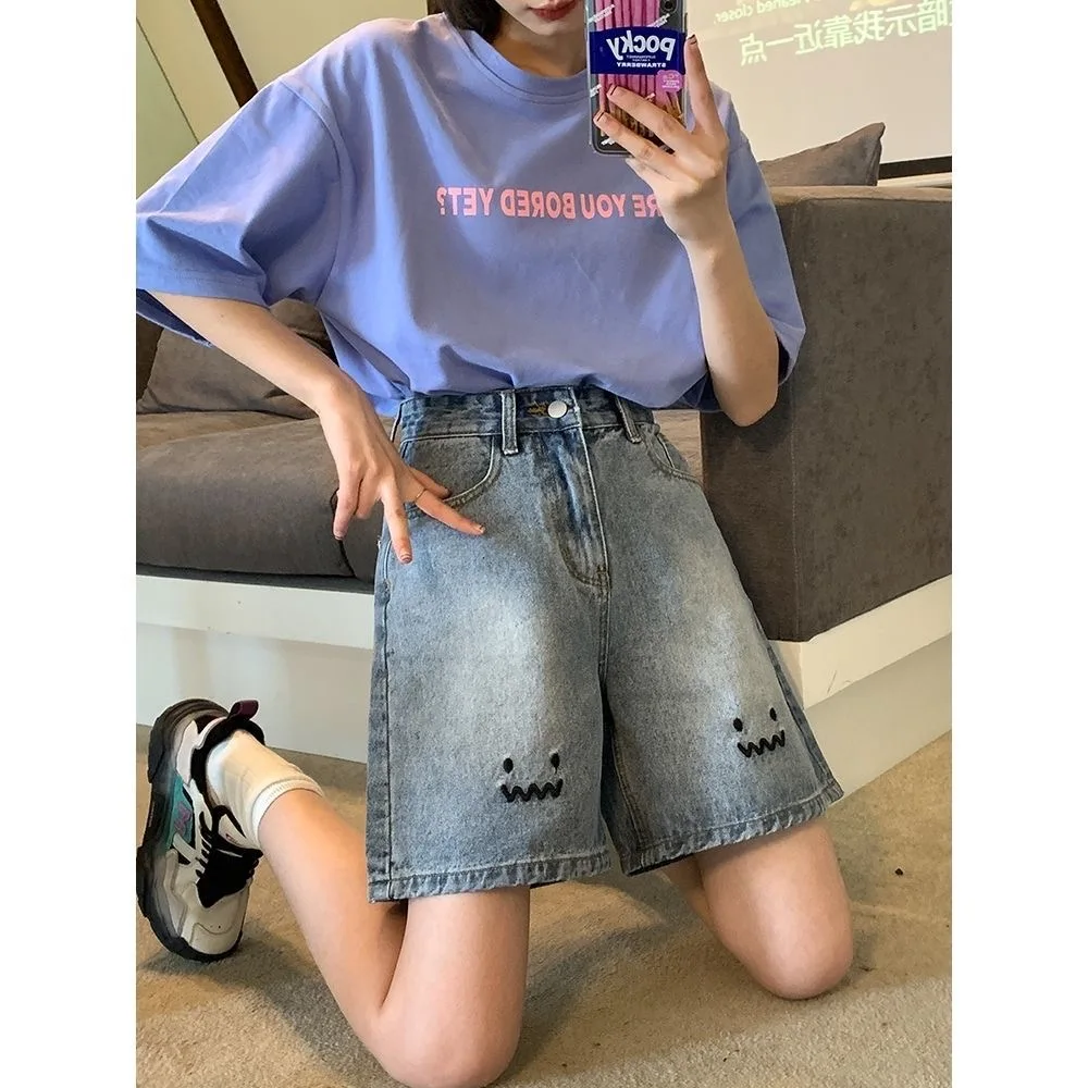 Y2K Summer Women Vintage Streetwear Korean Denim Shorts High Waist Knee Length Wide Leg Baggy Cargo Short Pants Harajuku Clothes