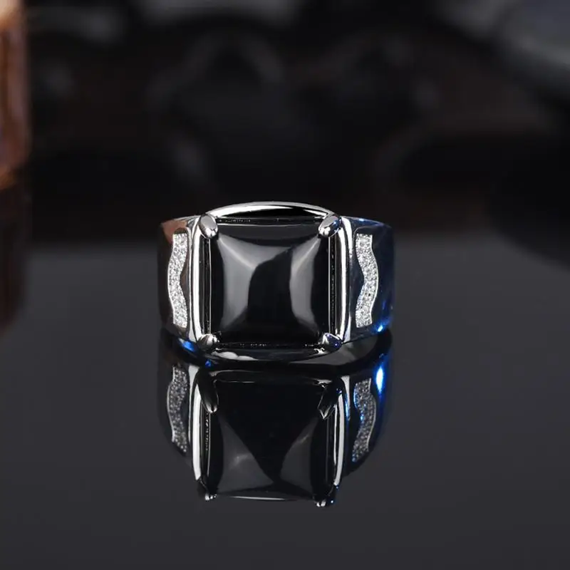 

HOYON 14k white gold color four-claw inlaid black agate men's ring open fashion diamond style gemstone ring jewelry free