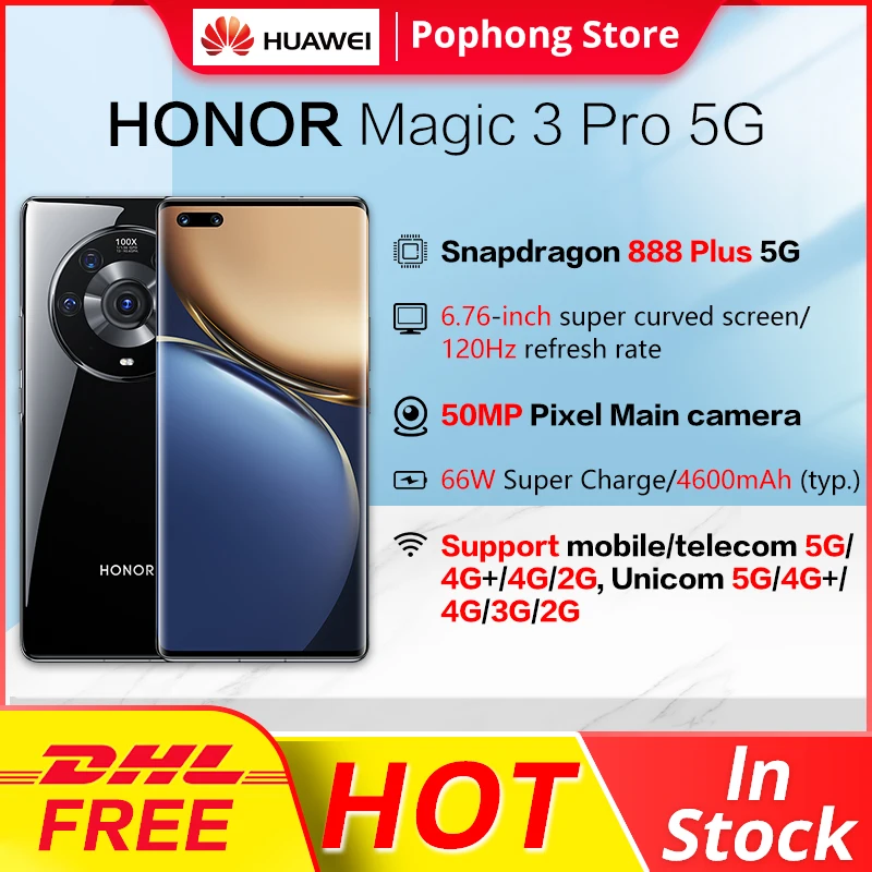 DHL FREE HONOR Magic 3 Pro 5G Mobile Phone 6.76'' 120Hz OLED Flexible Curved Screen Snapdragon 888Plus Octa Core 66W SuperCharge