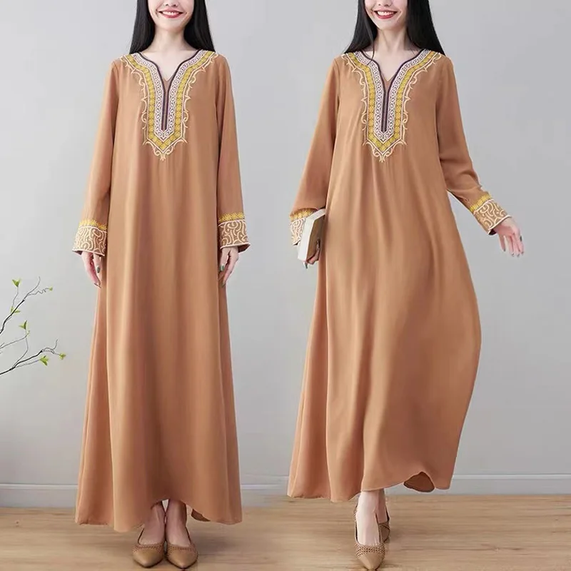 

Женское свободное платье из хлопка и льна, повседневное облегающее длинное платье с V-образным вырезом и длинным рукавом, весна-осень 2022