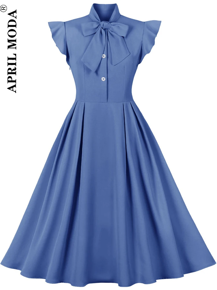 

Short Sleeve Vintage Style High Waist Swing Dresses Elegant Women Blue Evening Casual Flare Tunic Runway Midi Dresses 50s 60s