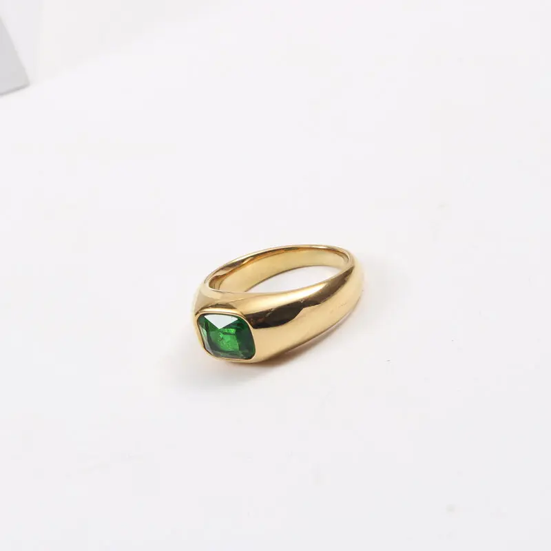 

PVD Gold Finish Chunky Green Zirconia Ring for Women Stainless Steel Rings