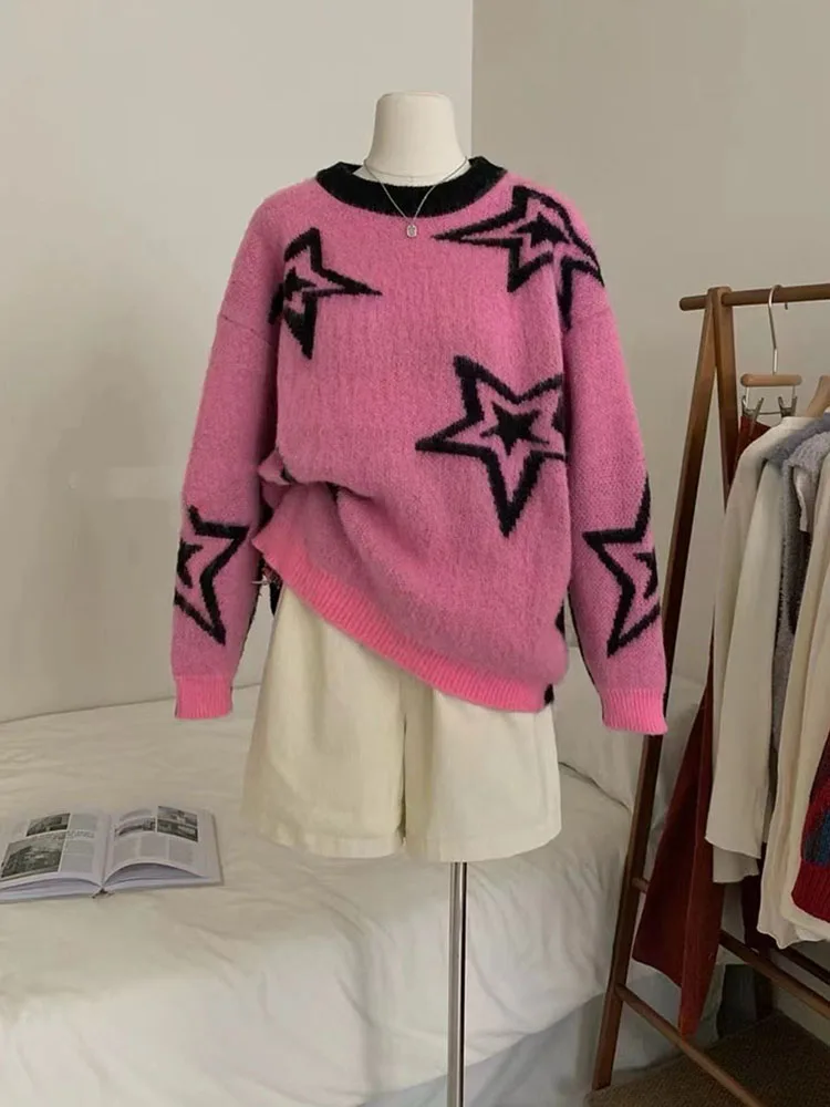 

Модный простой розовый милый вязаный свитер, винтажные пуловеры с круглым вырезом и длинным рукавом, шикарный Повседневный джемпер с принтом звезд, уличная одежда Gyaru