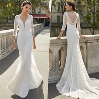 fashion deep v neck mermaid wedding dress 2022 elegant 34 sleeve lace appliques bridal gown illusion tulle button sweep train