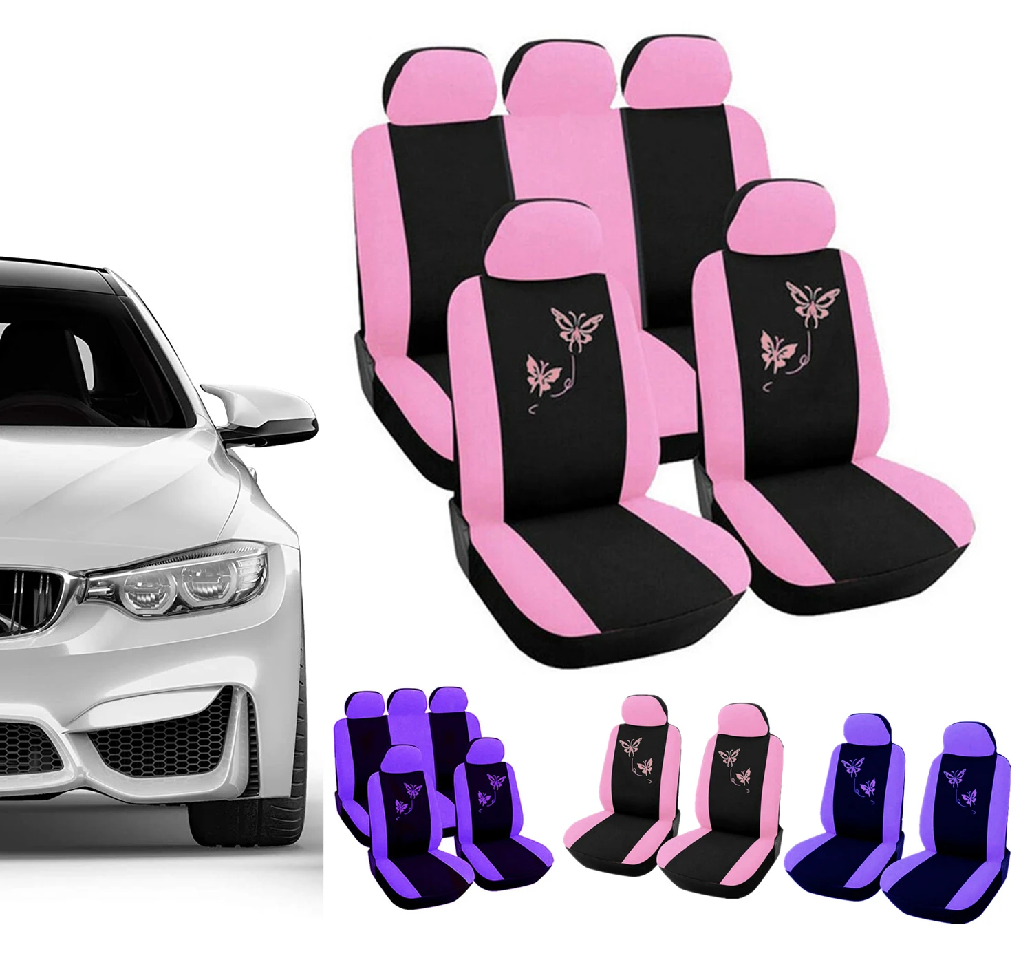 

4PCS/9PCS/Set Car Seat Cover Set for Women Girls Interior Embroidery Pink Automobiles Universal Car Seat Cover Auto Accessories