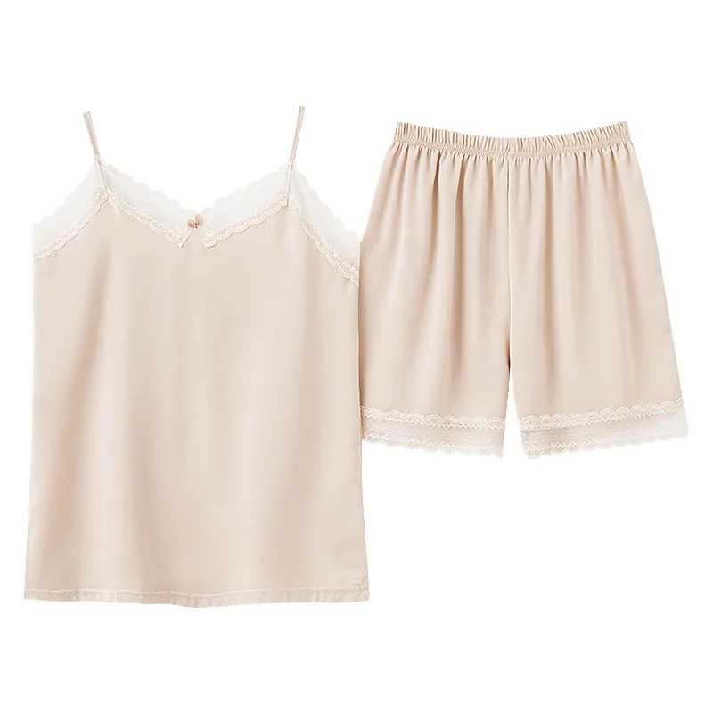 CAIYIER Lace Women Pajamas Set Silk Satin Cami Top and Shorts Sleepwear Summer V-Neck Nightwear Female Big Size Homewear M-3XL