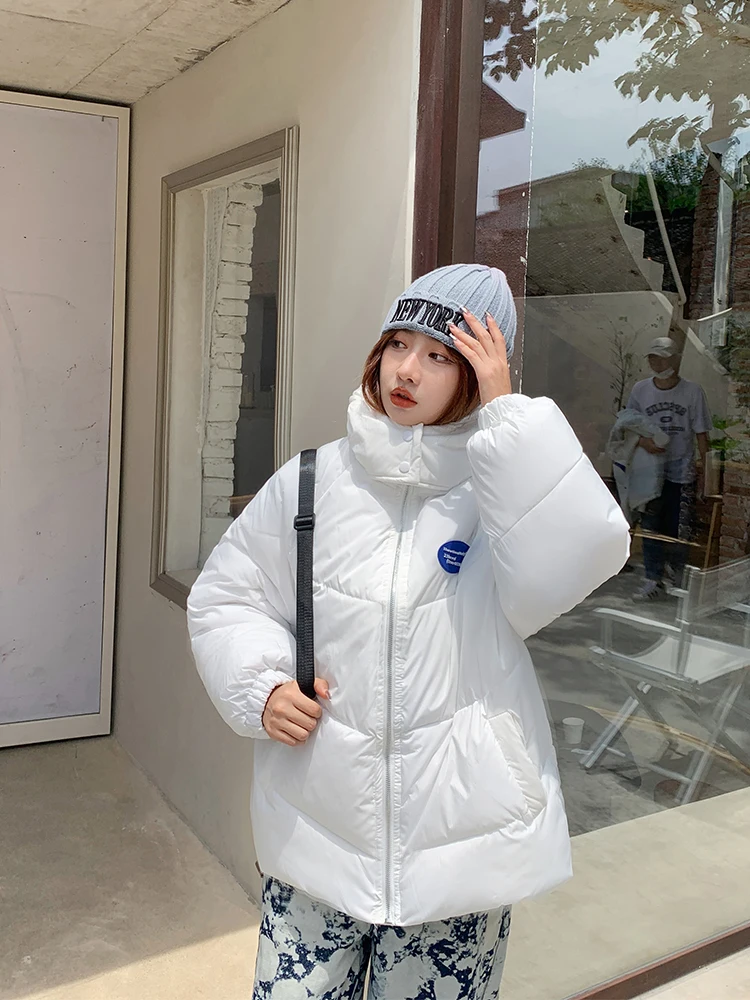 Korean Style Winter Jacket For Women Hooded Oversize Loose Puffer Parka Warm Thicken Coat Fashion Solid Color White Black Blue