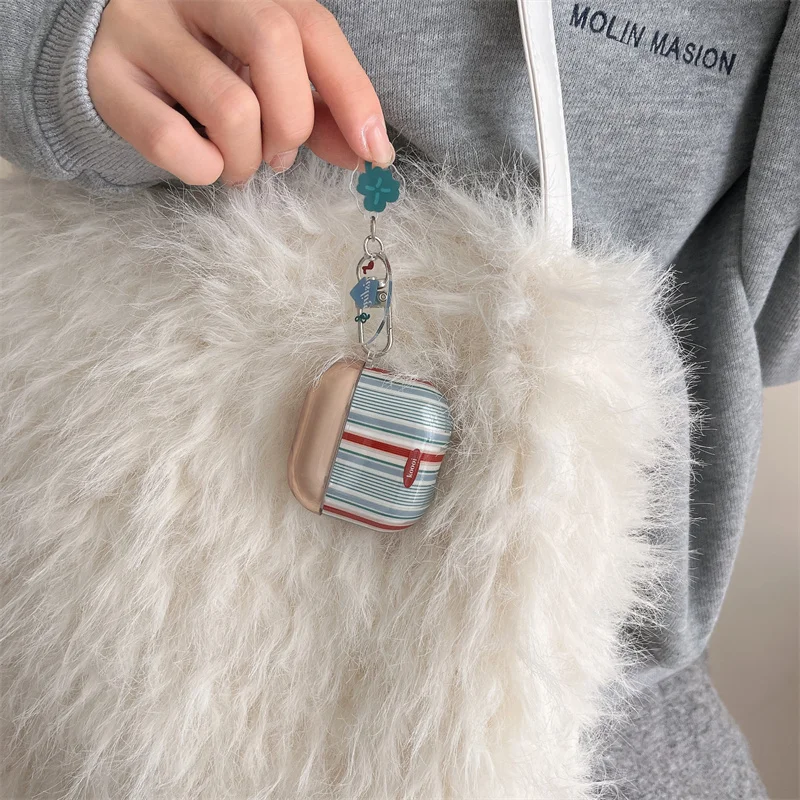 Защитный чехол для наушников в красный и синюю полоску с подвеской виде клевера