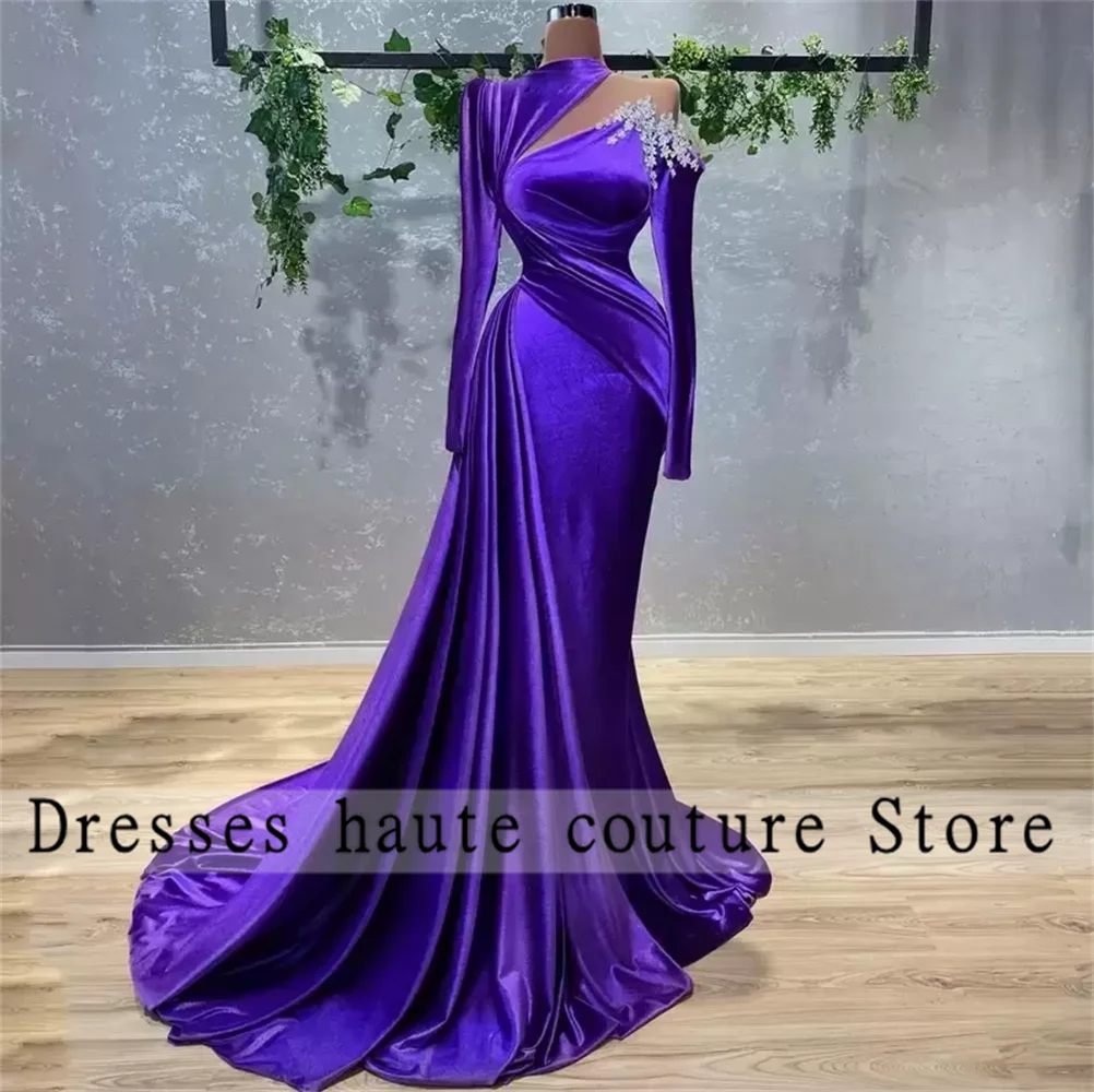 

2022 Elegant Purple Mermaid Evening Dresses Appliques Long sleeve Formal Prom Gowns Pleats Celebrity Dress Robe De Soiree