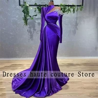 2022 elegant purple mermaid evening dresses appliques long sleeve formal prom gowns pleats celebrity dress robe de soiree