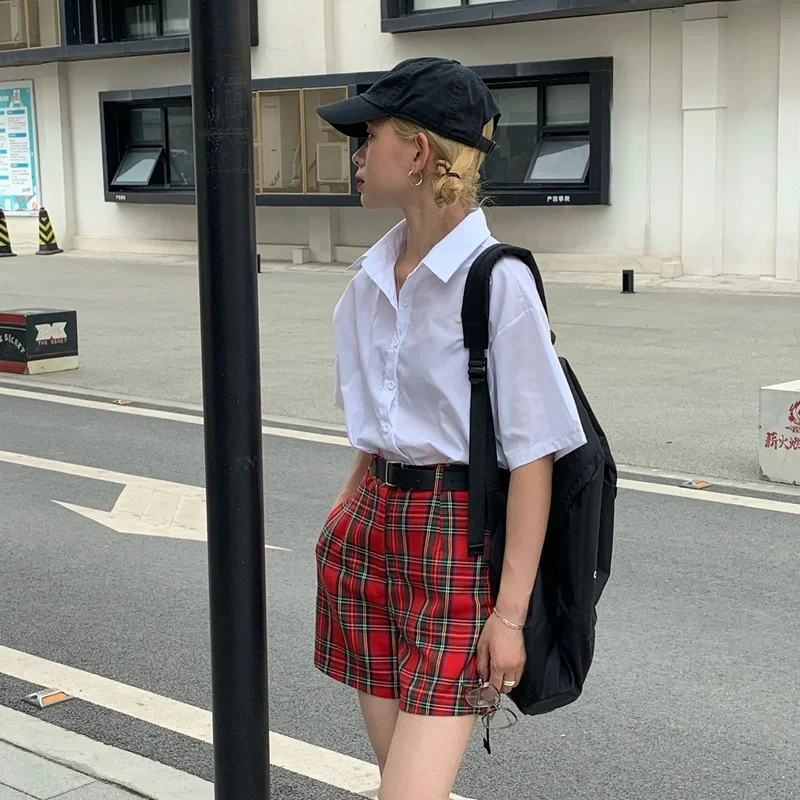 New Women Summer Red Plaid Shorts Sexy High Waist Overalls Female Casual Fashion All-Match Shorts Gothic Girls 2021 Streetwear