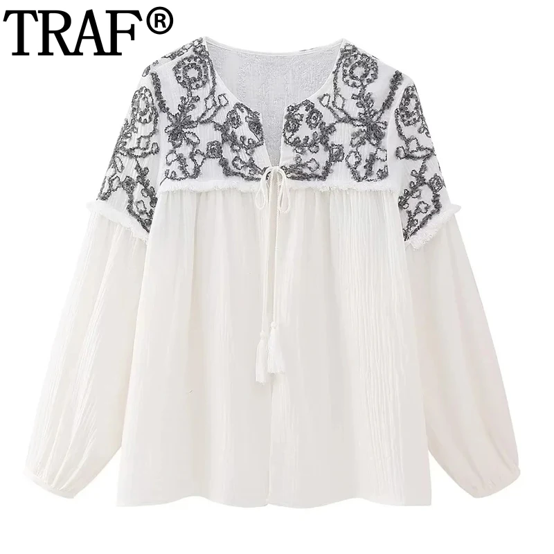 

TRAF 2023 Woman Top Embroidery Blouse Women Summer Long Sleeve Top Streetwear Open Cardigan Round Neck Elegant Women's Blouses