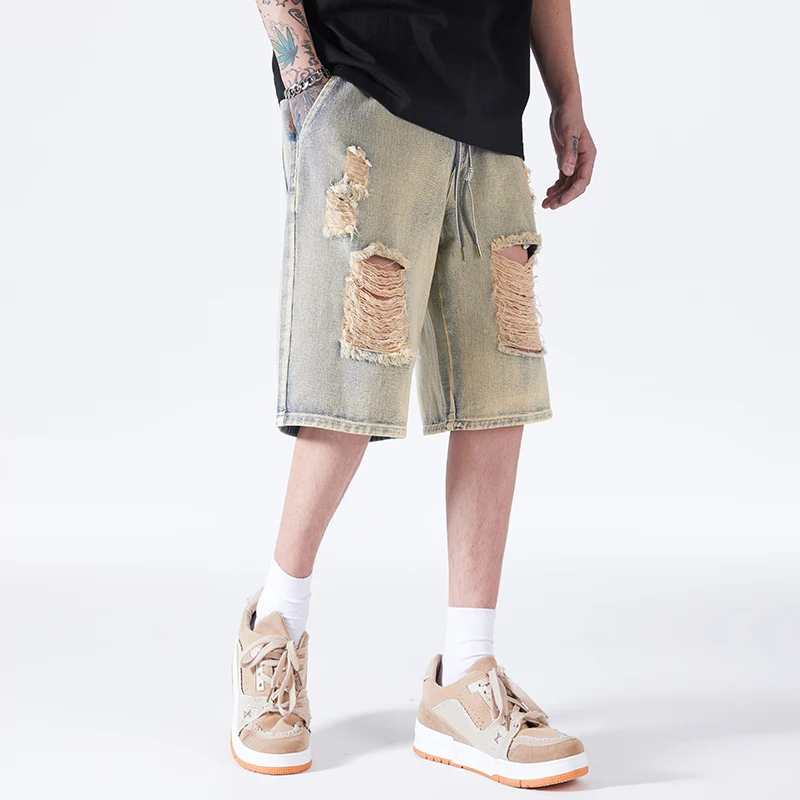 

2022 Summer Fashion Brand American High Street Beggar Hole Hip Hop Classic Retro Versatile Loose DENIM SHORTS MEN