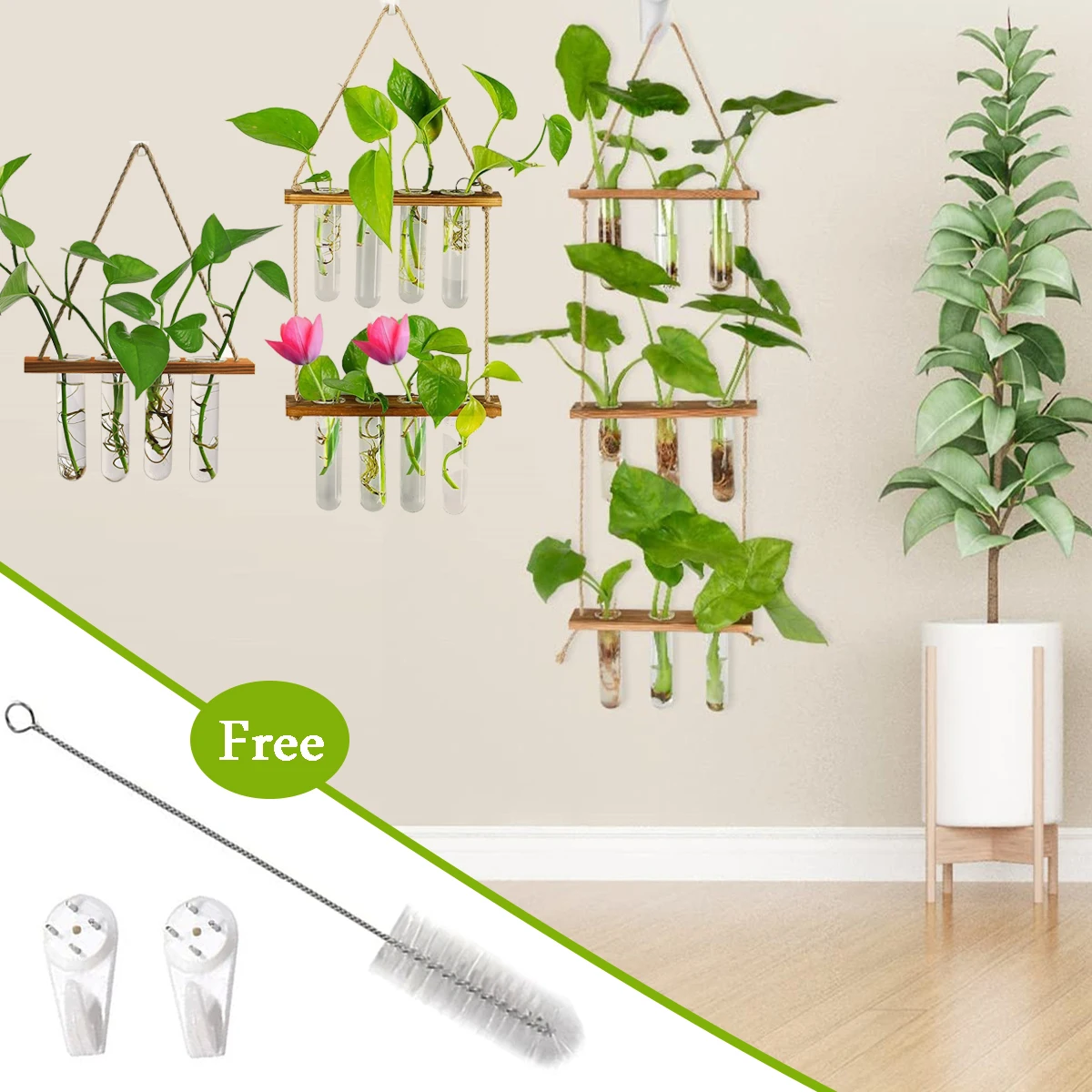 Retro Test Tube Planter Wall Hanging Plant Terrarium with Multilayer Wooden Stand Propagation Hydroponic Vase Home Garden Decor