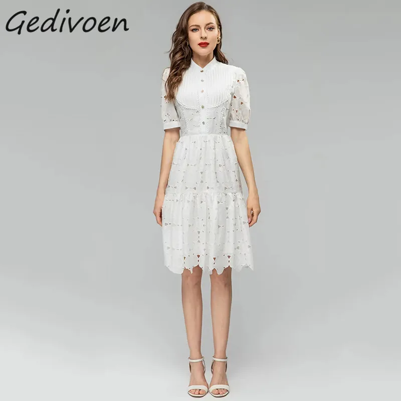 

Gedivoen Summer Fashion Runway Elegant Party Dress Women's Stand Collar Half Sleeve Pleated White Hollow Out Chiffon Midi Dress