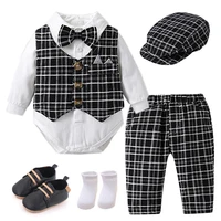 Gentleman Clothes For Newborns Plaid Vest Hat Pants White Bodysuit 7PCS Wedding Costume Baby Boy Formal Performance Boutique Set
