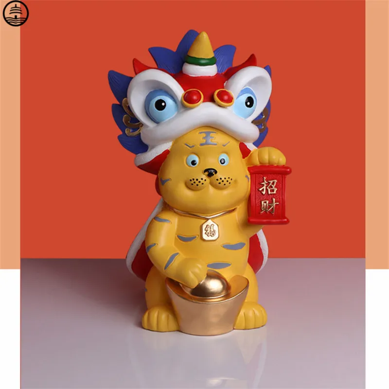 

Dancing Lion Lucky Tiger Art Sculpture Animal Statue Year Figurines Resin Craft Creative Home Decor Room Accessorie Opening Gift