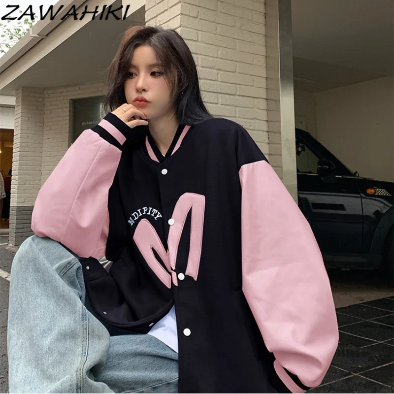 

Spring Autumn New Preppy Loose Vintage Long Sleeve Overcoats Women Letter Floral Embroidery Patchwork Contrast Color Streetwear