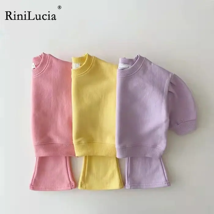 

RiniLucia 2023 Spring New Sports Set Children Girls Solid Pullover Sweatshirts + Loose Cotton Flare Pants Girls Casual Suit