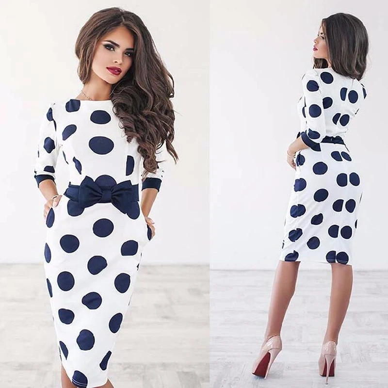 

Retro Dot Dress Women Office Lady Slim Bodycon Formal Dress Party Clubwear Half Sleeve O Neck Knee-Length Dress Vestidos Bow