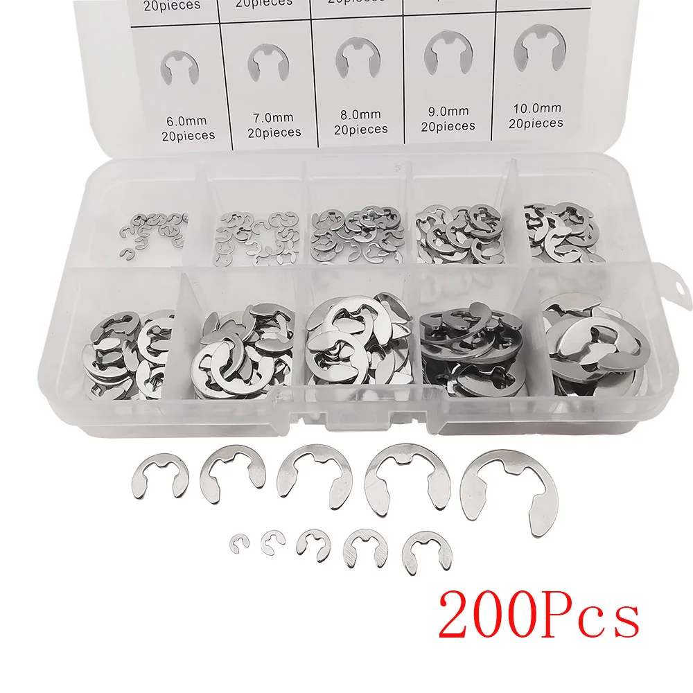 

200Pcs Stainless Steel Shaft Circlip Retaining Ring Clip M1.5~M10 E Type Retaining Clip Washer Assortment Kit