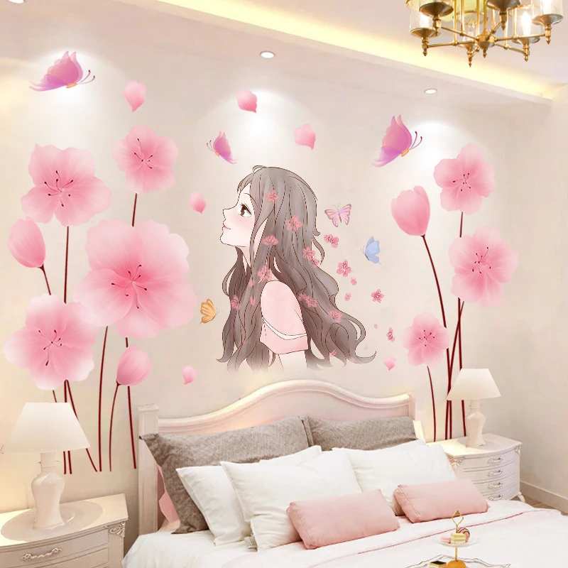 

[shijuekongjian] Pink Flowers Plants Wall Stickers DIY Girl Wall Decals for Living Room Bedroom Kitchen Nursery Home Decoration