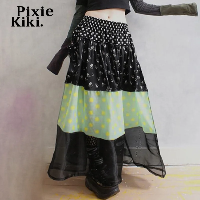 

PixieKiki Fancy Y2k Maxi Skirts Polka Dot Floral Print Mesh Patchwork Long Skirt Vintage Fairy Grunge Clothes P77-DG24