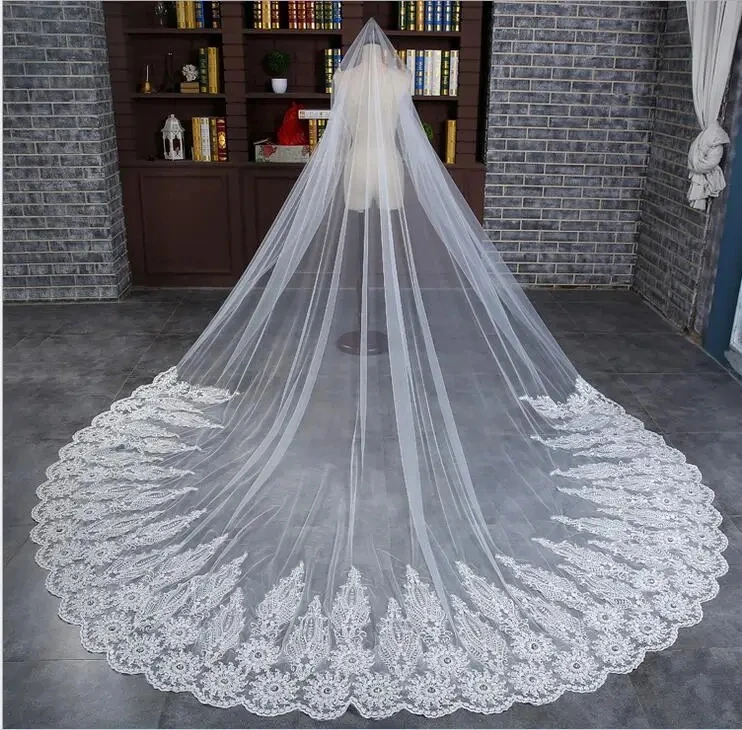 

Hot sale 3 Meter Cathedral Wedding Veil Ivory Lace Appliques Beaded Bridal Headwear Welon Boda Bridal Veils Velo De Novia