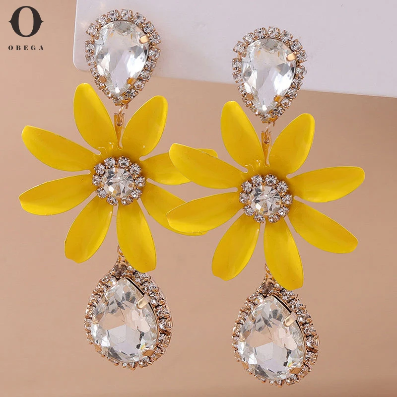 

Obega Dainty White Crystal Water Drop Earrings For Women Korean Vintage Yellow Flower Earrings Wedding Jewelry pendientes