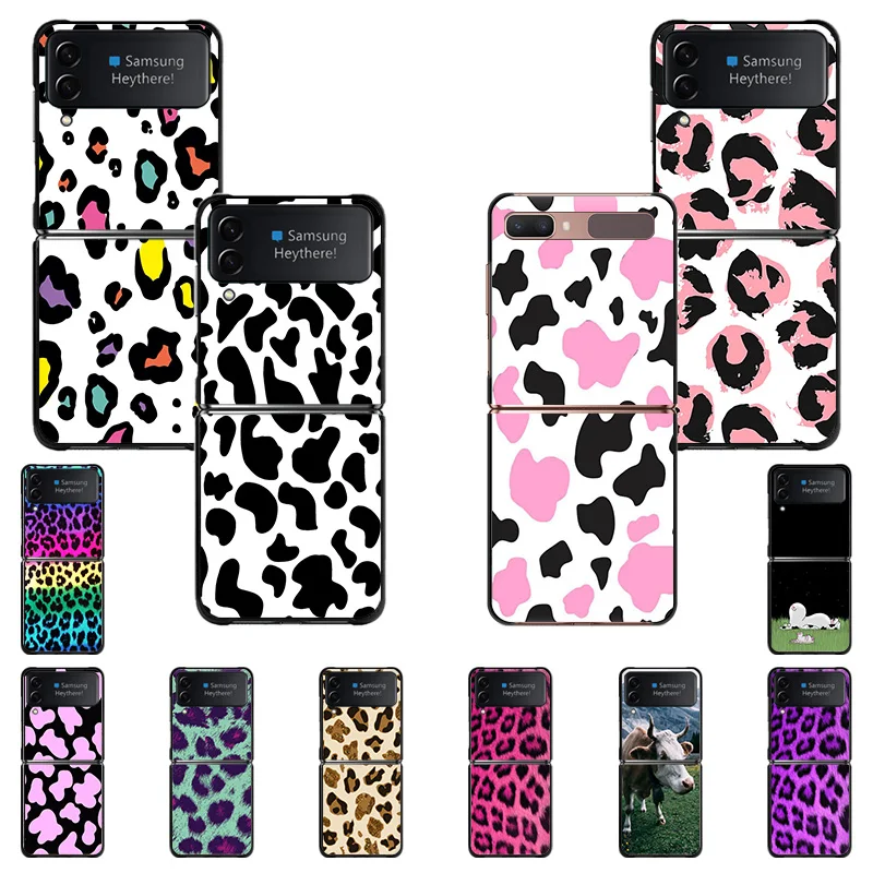 

Hard Black Phone Cases for Samsung Z Flip4 FLIP3 5G Flip Leopard Cow Skin Print Pattern Galaxy ZFlip4 ZFlip3 Cover