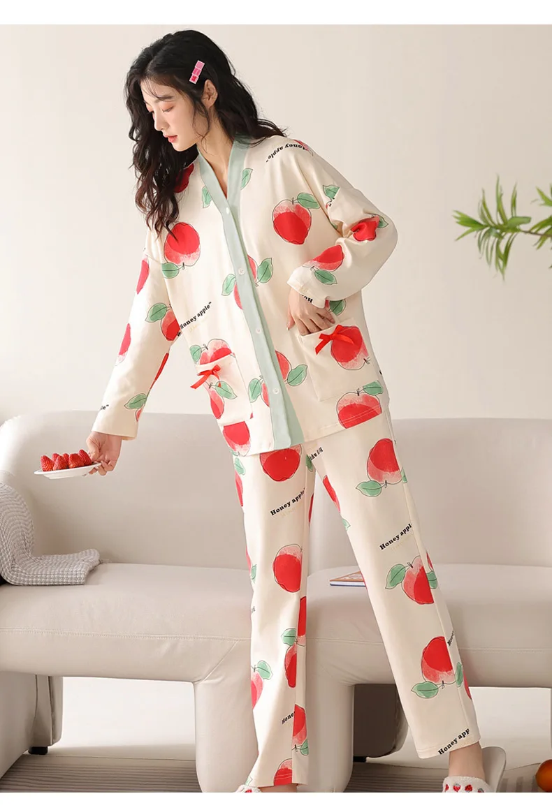 Yasuk Spring Autumn Fashion Women Casual Soft Print Sleepwear Homewear Pajamas With Pants Sweet Fruits Apple Girl Simple Cotton