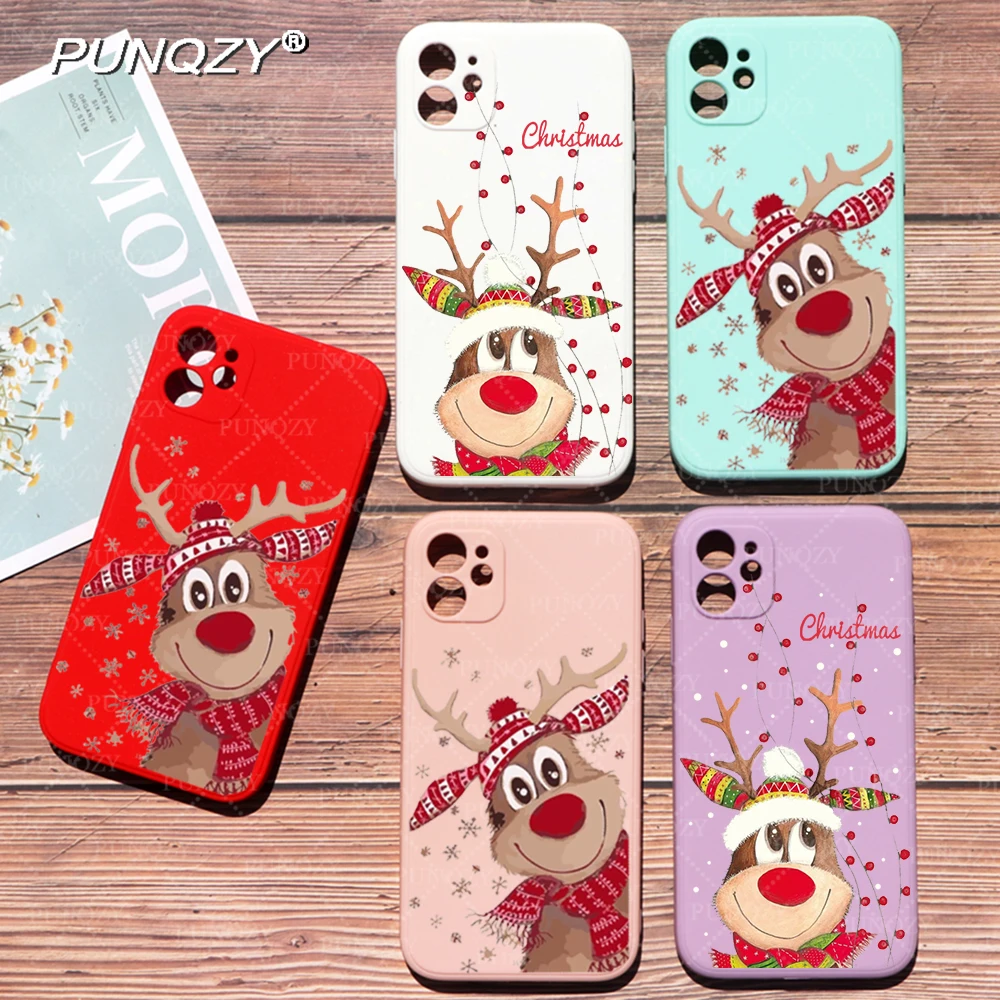 

PUNQZY Рождественский счастливый Санта Лось Мягкий ТПУ чехол для телефона iPhone 14 11 12 13 PRO MAX XR XS 8X7 6 PLUS полноразмерный красный чехол