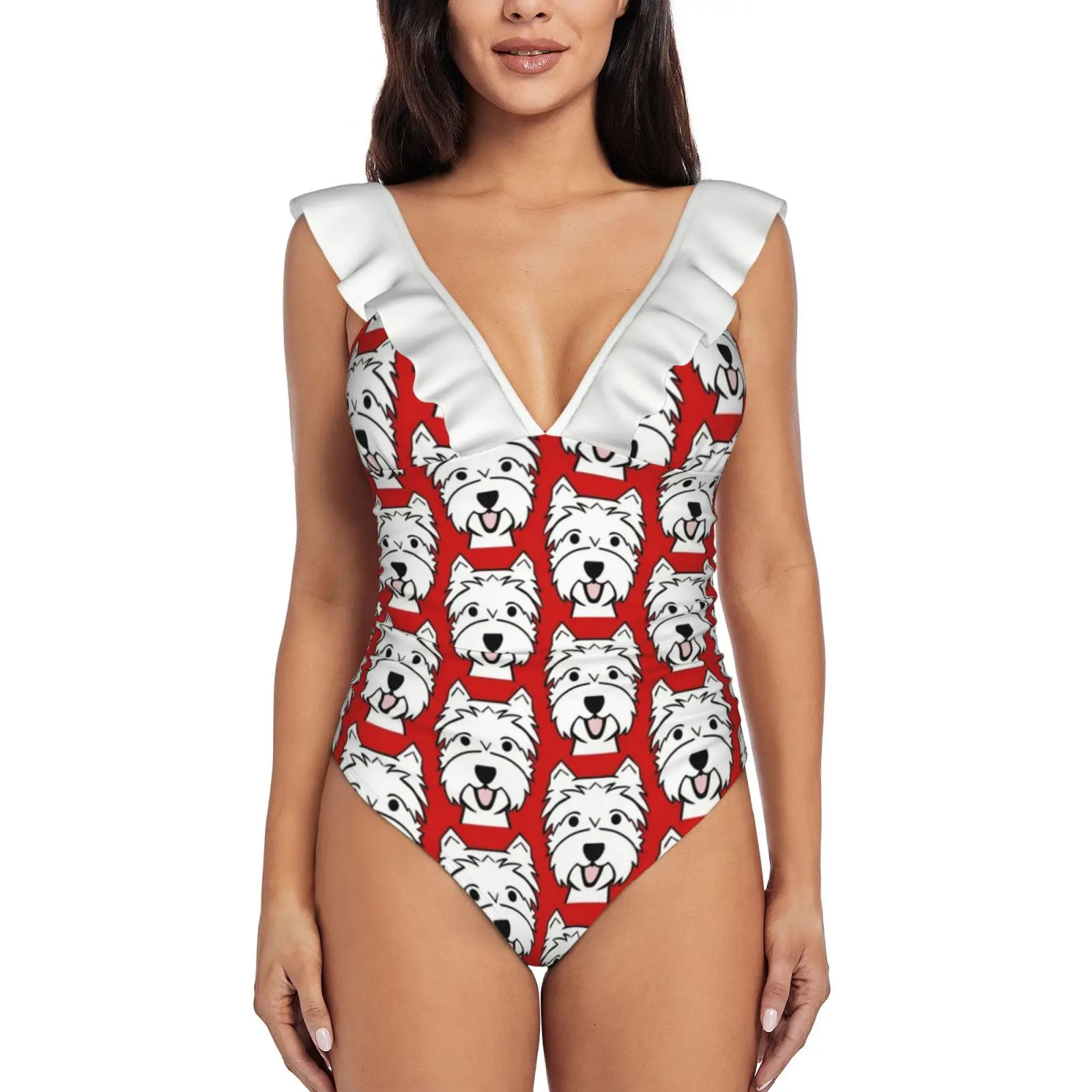 

West Highland Terrier-Westies-Westie Dogs-женский слитный купальник с оборками на красном фоне, сексуальное боди, монокини, купальник