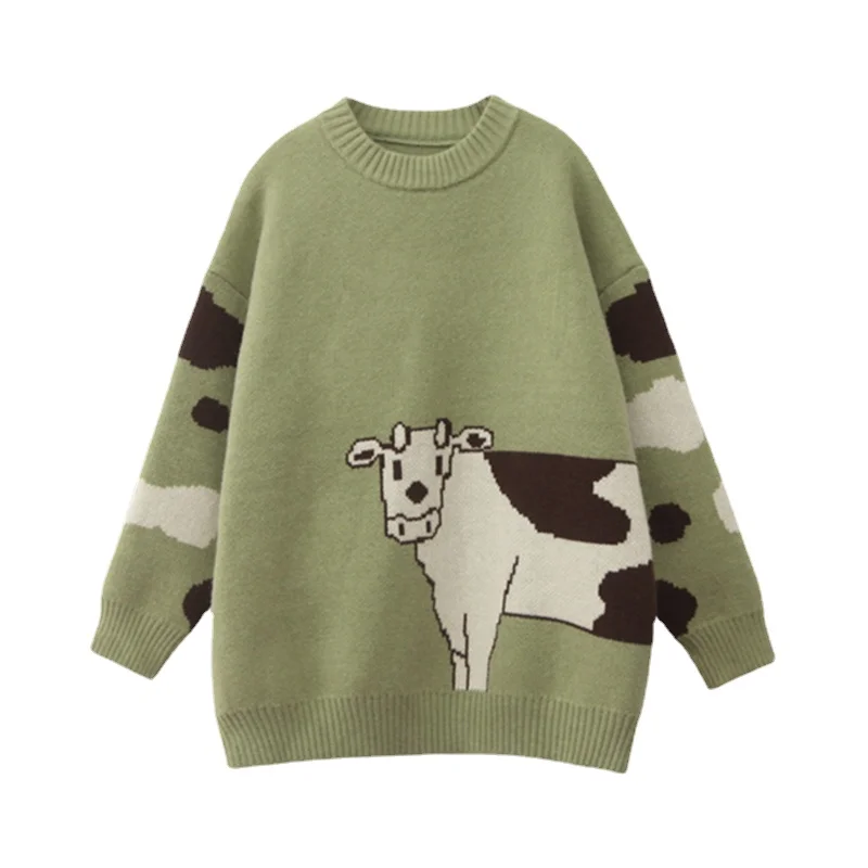

Women Thick Warm Sweaters Green Color Student Jumper Knitted Pullovers Female Drop Shoulder Sweet Funny Sweater