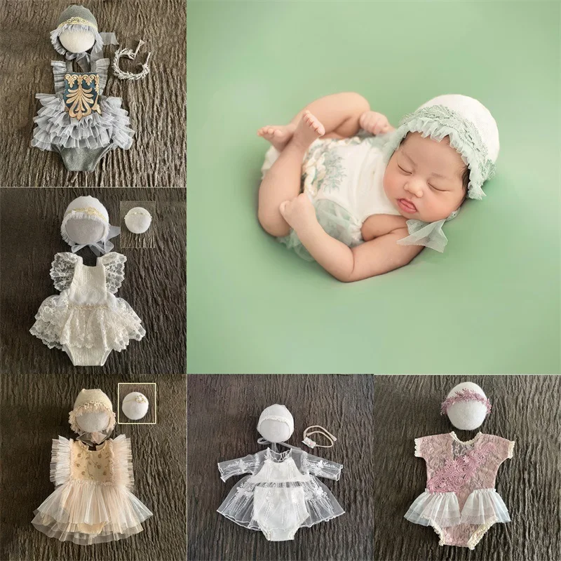 Baby Photography Props  0-3 Girl Clothes  Newborn Dress Hat HeaddressChiffon Lace 2022 NEW White Gray Red