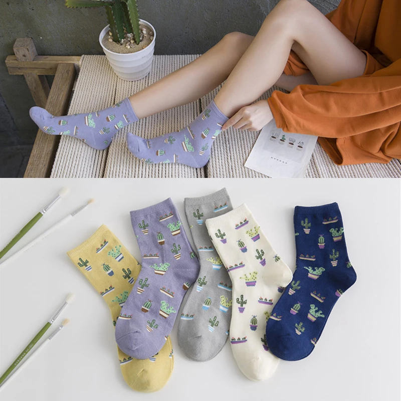 Moonbiffy, 1 пара модных женских растений, кактус, рисунок, искусственное растение, шар, кактус, Harajuku, удобная милая девочка, хлопковая ложка
