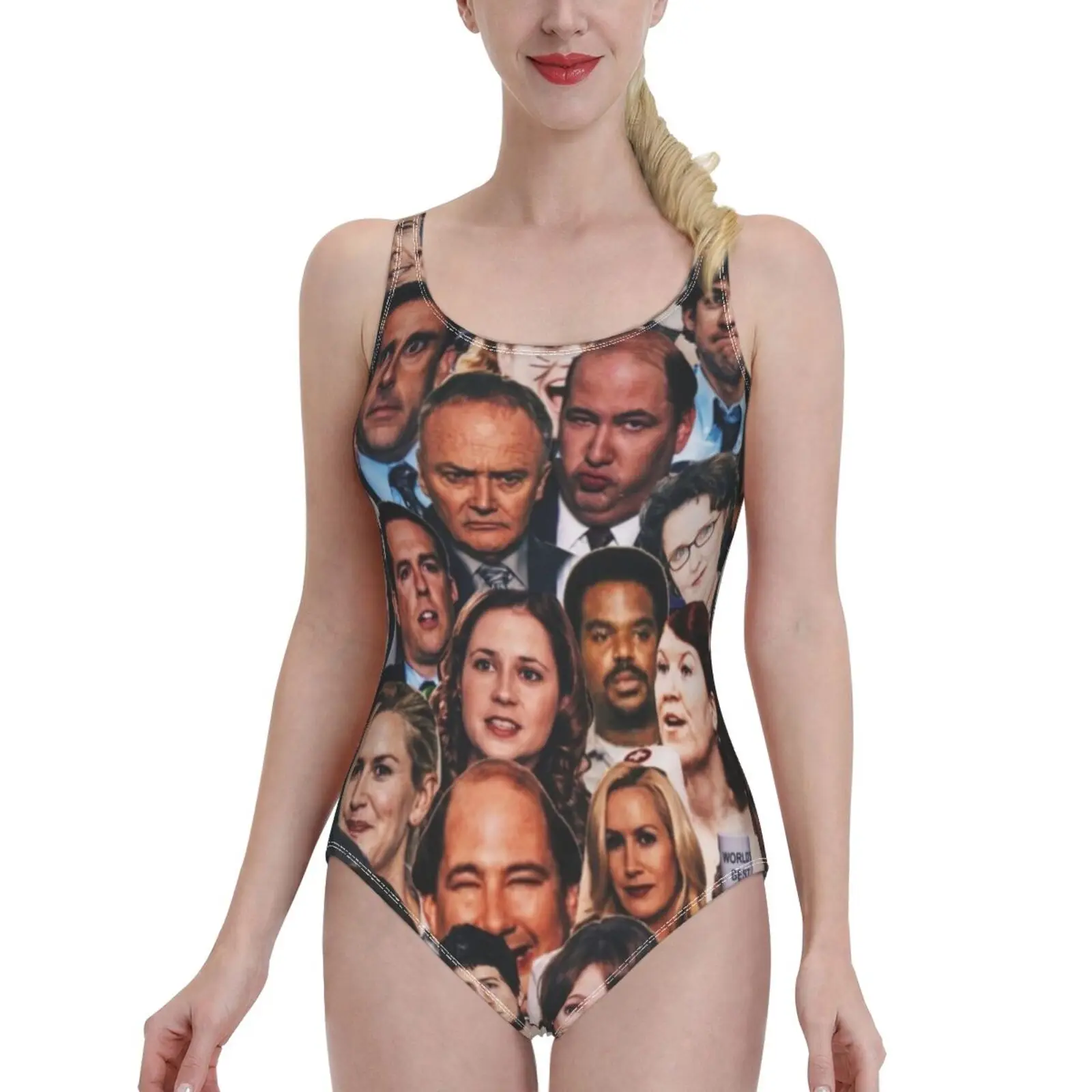 

Женский слитный купальник с открытой спиной и коллажем для офиса