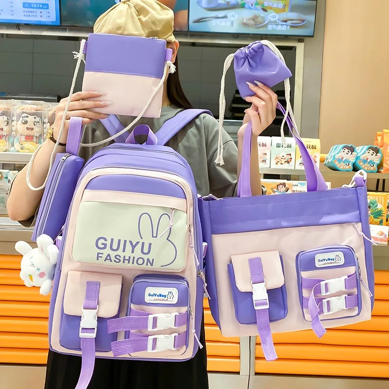 

New Korean Style Girl Backpack Cartoon Cute Lightweight Primary School Schoolbag Five-piece Set Junior High School Backpack