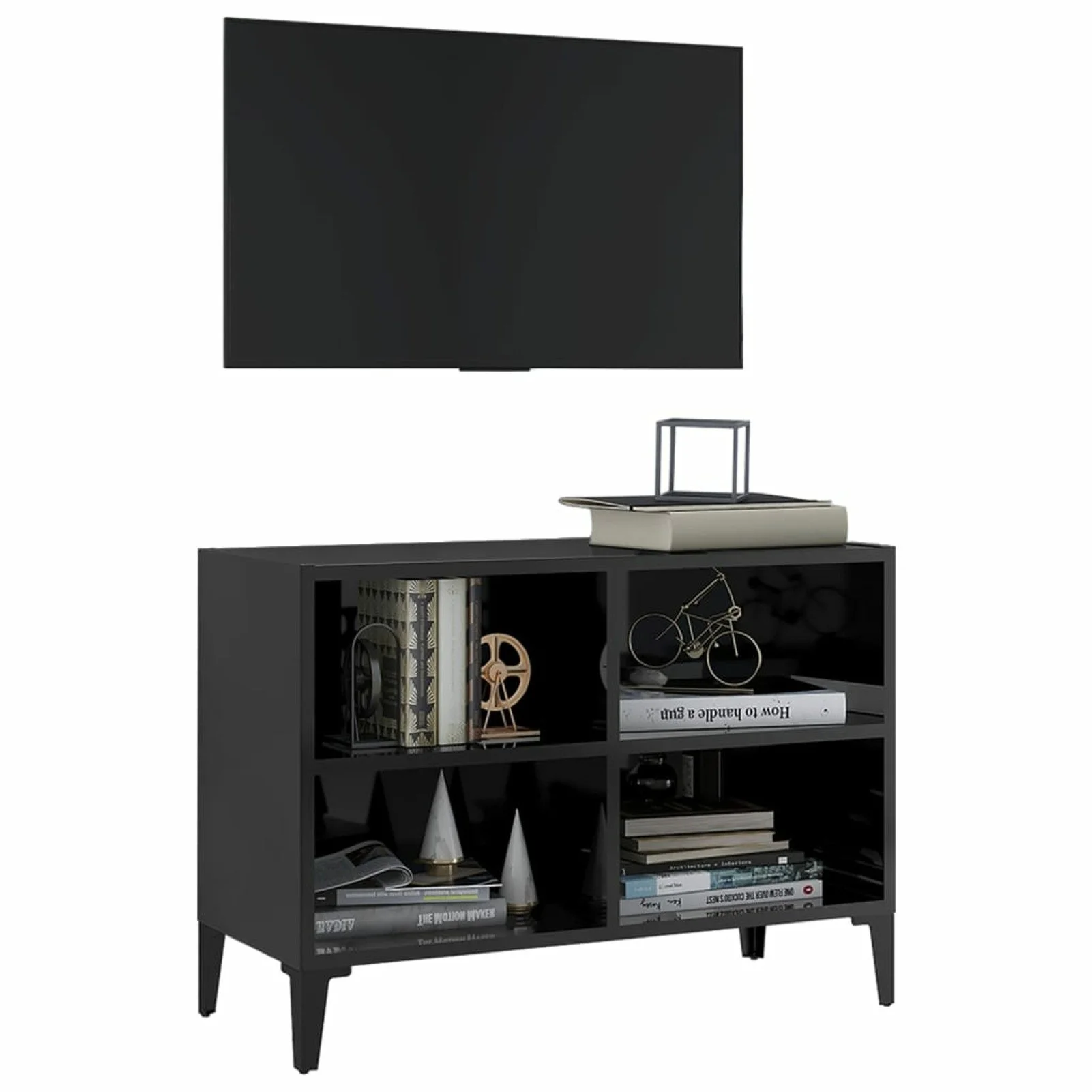

TV Cabinet with Metal Legs High Gloss Black 27.4"x12"x20"