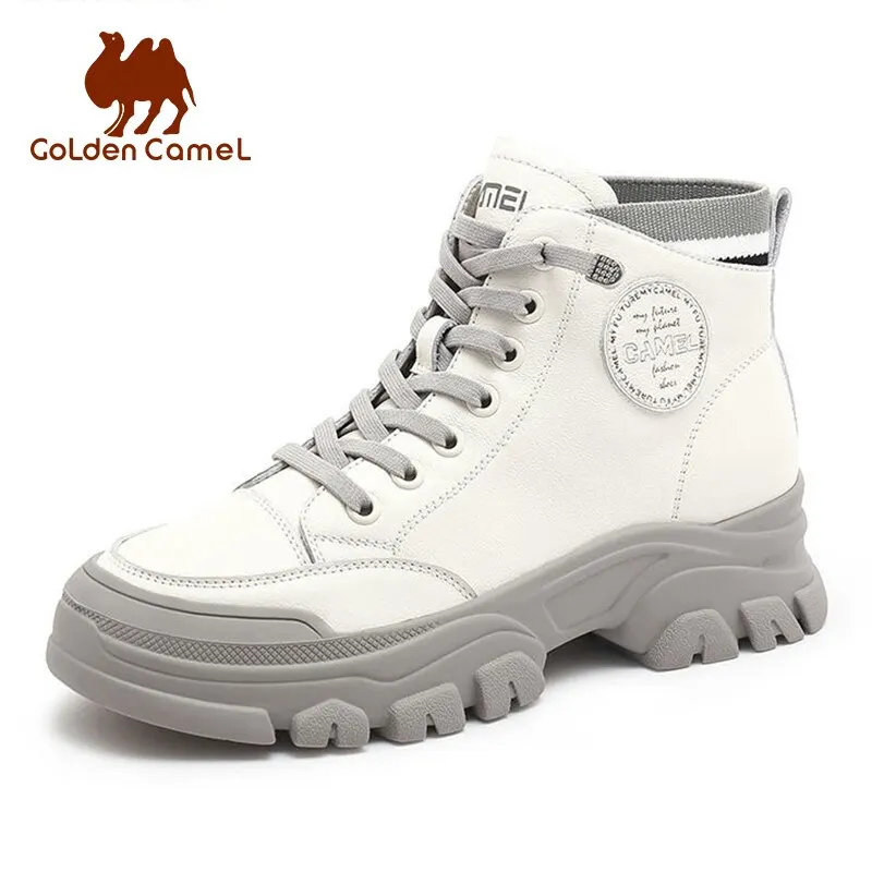 Goldencamel Women Genuine Leather Martin Boots Autumn Winter Lace Up Plush Outdoor Fashion Casual Hiking Shoes Platform