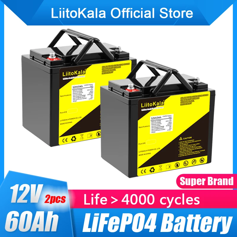 

Комплект батарей LiitoKala, инвертор для хранения солнечной энергии, 12 В, 50 Ач, 60 ач, Lifepo4, 50 А, BMS RV, 2 шт./партия