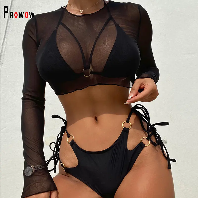 

Prowow Sexy Women Black Swimsuits High Waisted Two Piece Separated Bikinis Set Mesh Cover-ups Three Piece Bathing Beach Outfits