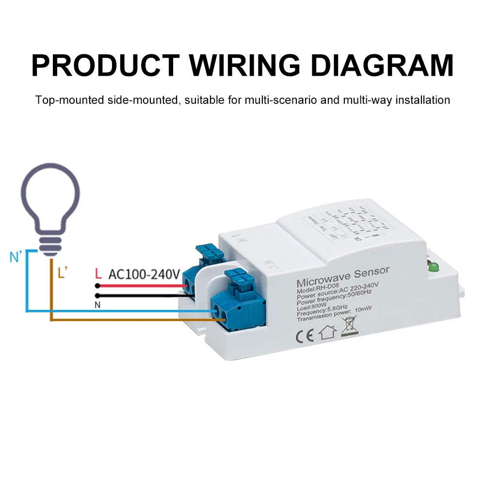 AC 220V 5.8GHz Time Adjustable Microwave Radar Sensor Switch Body Motion Detector Delay Relay LED Light |