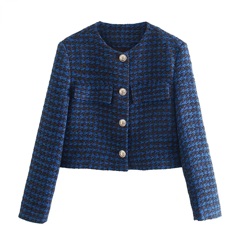 

Women Fashion With Metal Button Tweed Crop Blazer Coat Vintage O Neck Long Sleeve Female Outerwear Chic Veste Femme