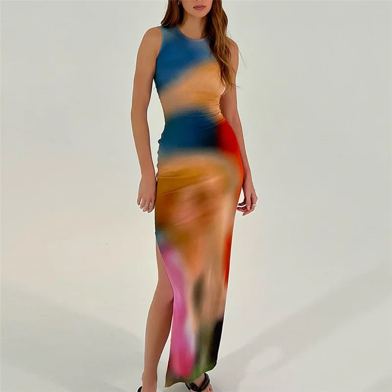 

GBVLGAR Fashion Tie Dry Maxi Dress Women Summer Casual O-neck Sleeveless Panelled Body-shaping Skirt Streetwear Hipster Vestido