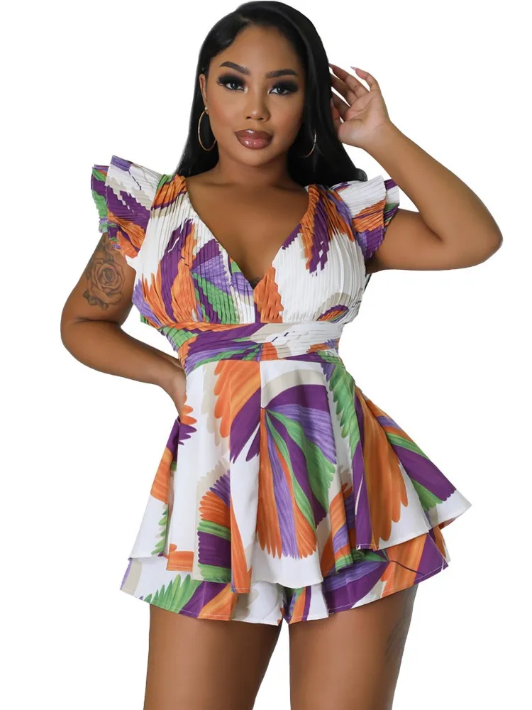 

Короткие комбинезоны с V-образным вырезом, летающие рукава, новые пасторальные шорты, повседневный слитный наряд для отпуска, сексуальный комбинезон