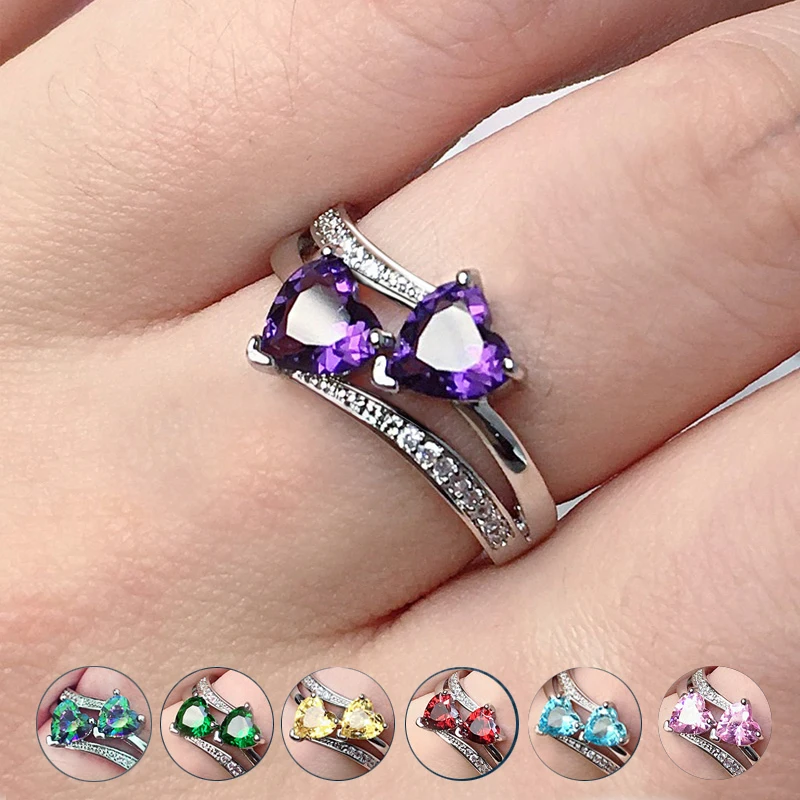 

Stylish Female Rings Silver-plated Double Heart-Shaped Cubic Zircons Wedding Ring For Women Girls Nice Gift For Birthday