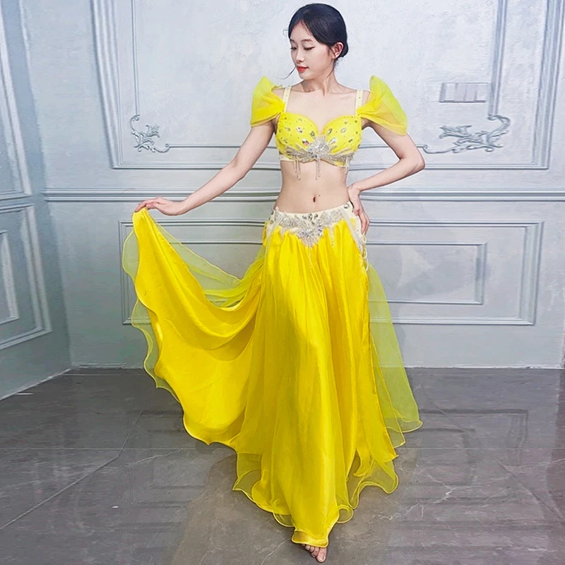 Фото Костюмы для выступлений BellyDance для женщин, бюстгальтер с камнями AB для пожилых людей + длинная юбка, 2 предмета, профессиональная одежда для соревнований по восточному танцам №5