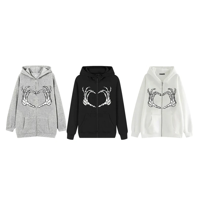 

573B Men Skeleton Hand Print Zip Sweatshirt Gothic Punk Harajuku Oversized Drawstring Hoodie Jacket Coat Hip Hop Streetwear